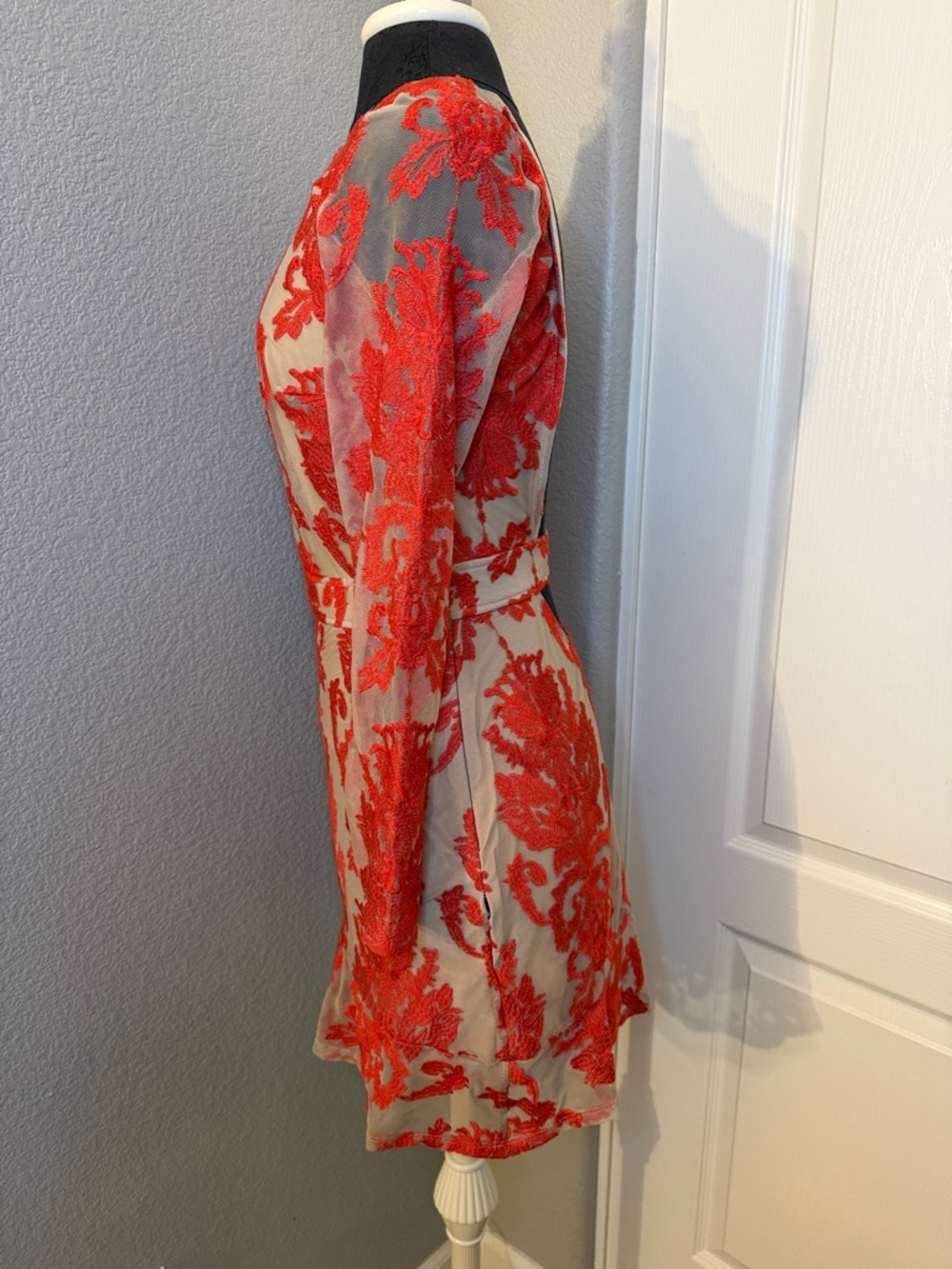 For Love & Lemons San Marcos Mini Dress Red Embroidered Nude Illusion Size Small - Picture 4 of 13